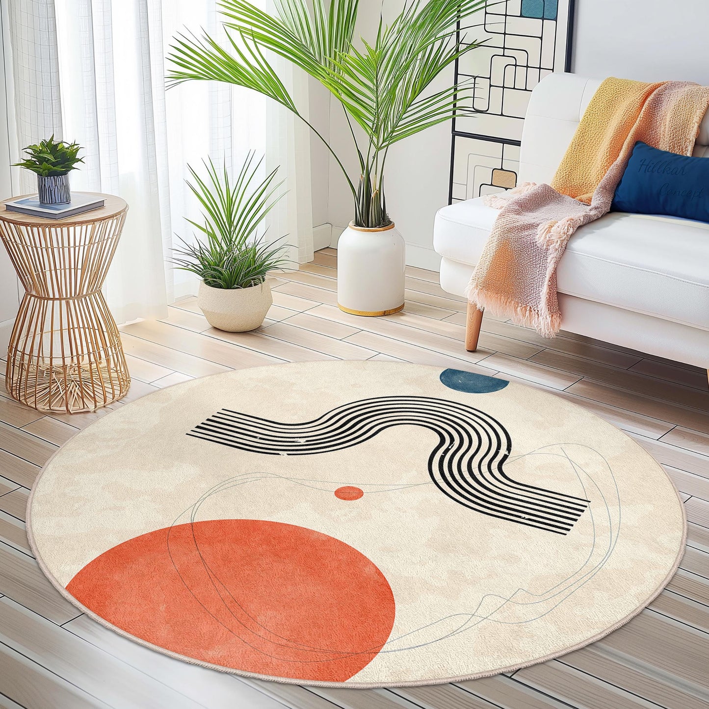 Künstlerisch gestalteter runder Teppich mit abstrakten Formen, moderner runder Teppich für die Wohneinrichtung, Teppich mit geometrischem Design, stilvolle Wohnzimmermatte