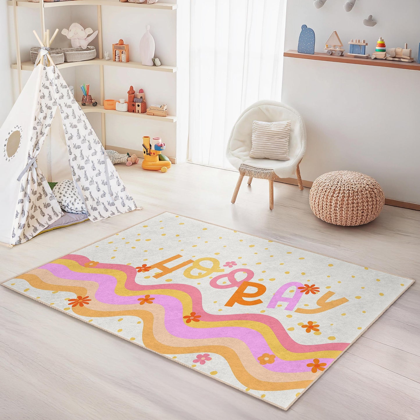 Fröhlicher rechteckiger Kinderteppich „Happy Waves“, verspielter Kinderzimmerteppich, fröhliche Zimmerdekoration, Spielmatte fürs Kinderzimmer, lustiger Spielzimmerteppich