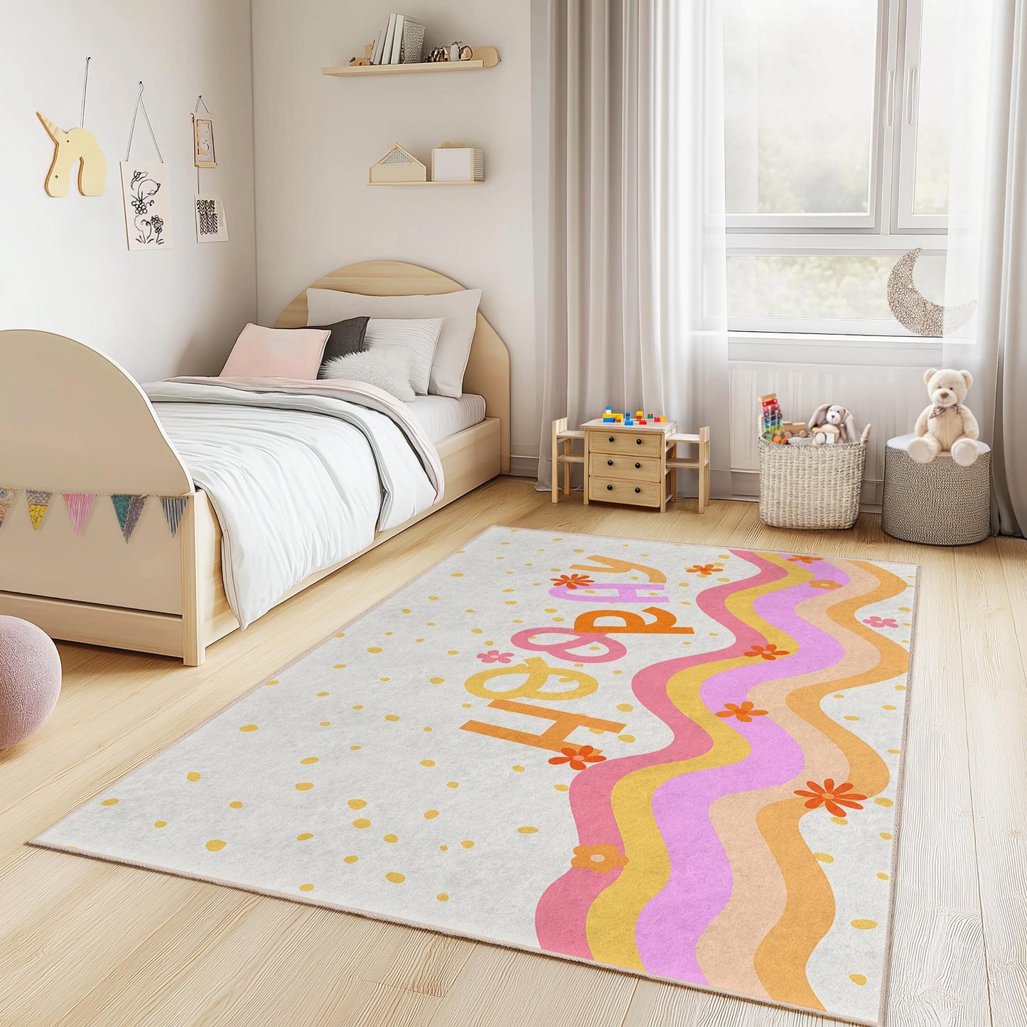 Fröhlicher rechteckiger Kinderteppich „Happy Waves“, verspielter Kinderzimmerteppich, fröhliche Zimmerdekoration, Spielmatte fürs Kinderzimmer, lustiger Spielzimmerteppich