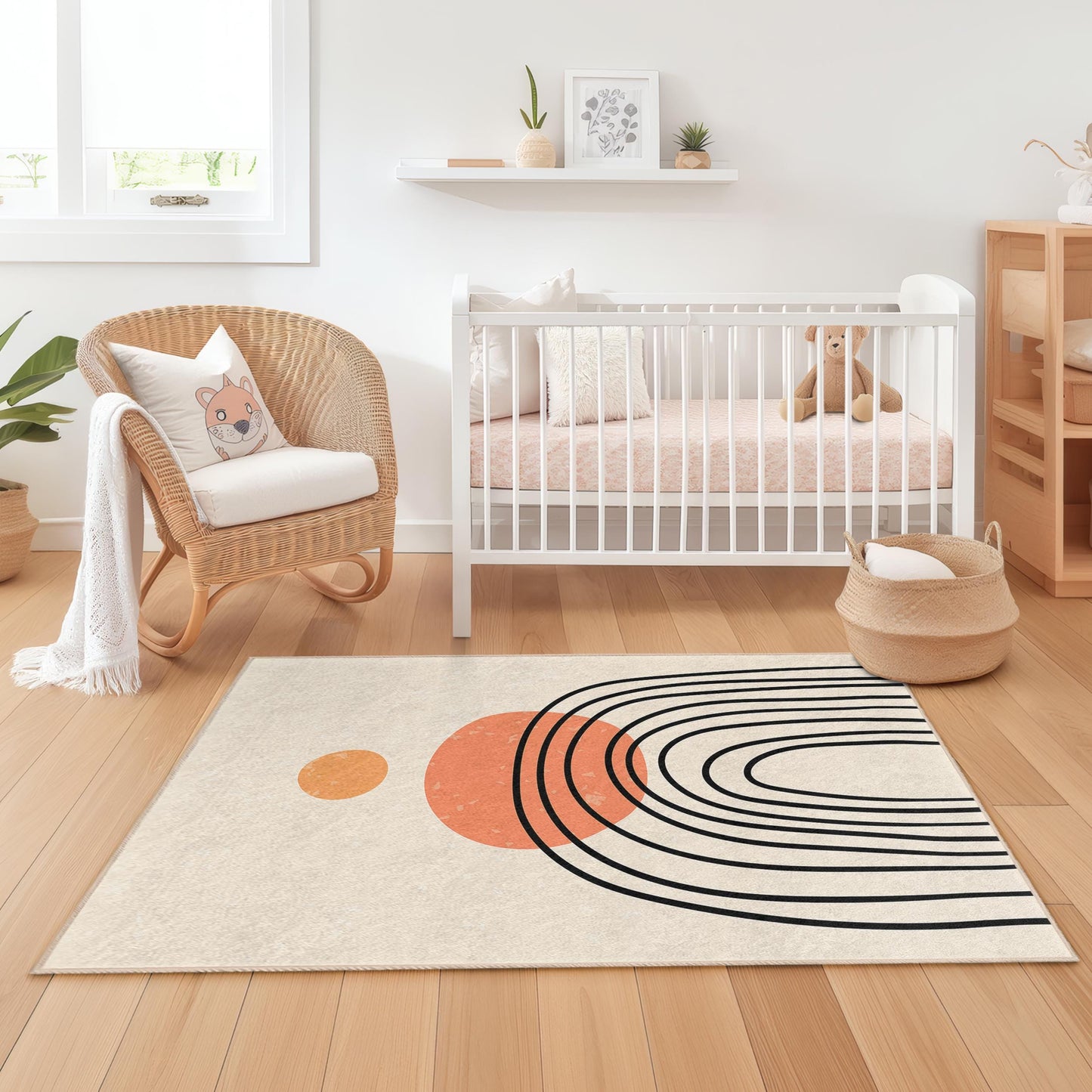 Moderner abstrakter Regenbogen-Teppich, rechteckiger Kinderzimmerteppich, farbenfrohe Spielzimmerdekoration, weicher Kinderzimmerteppich, einzigartiges geometrisches Design
