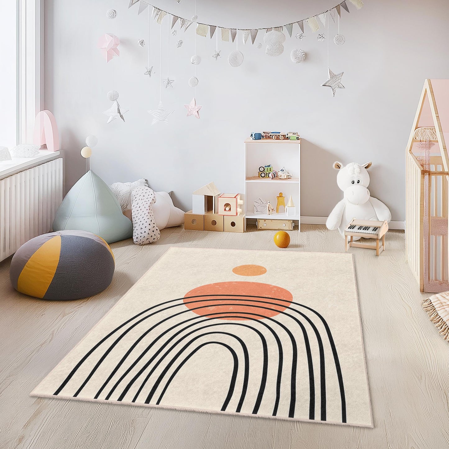 Moderner abstrakter Regenbogen-Teppich, rechteckiger Kinderzimmerteppich, farbenfrohe Spielzimmerdekoration, weicher Kinderzimmerteppich, einzigartiges geometrisches Design