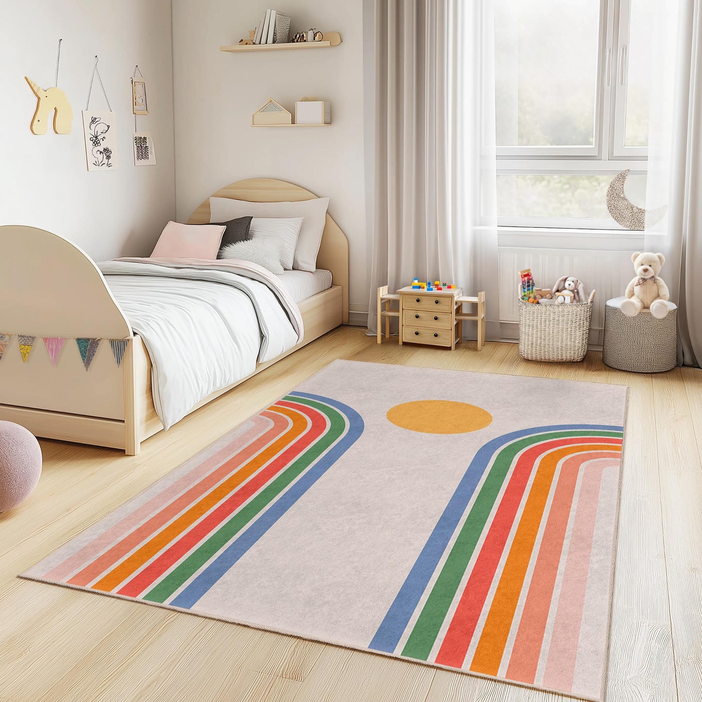 Rechteckiger Kinderteppich mit Regenbogenbögen, bunter Spielzimmerteppich, Kinderzimmerdekoration, weiche Spielmatte, moderner Kinderteppich