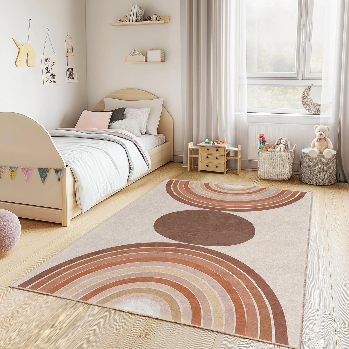 Geometrischer Regenbogen-Kinderzimmerteppich, rechteckiger Spielzimmerteppich, moderne Kinderzimmerdekoration, weicher Teppich für Kinder