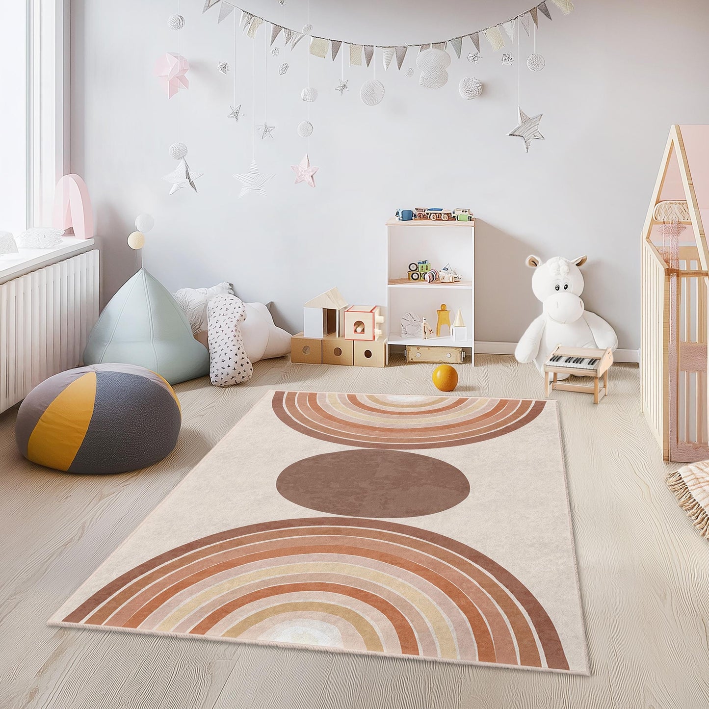 Geometrischer Regenbogen-Kinderzimmerteppich, rechteckiger Spielzimmerteppich, moderne Kinderzimmerdekoration, weicher Teppich für Kinder
