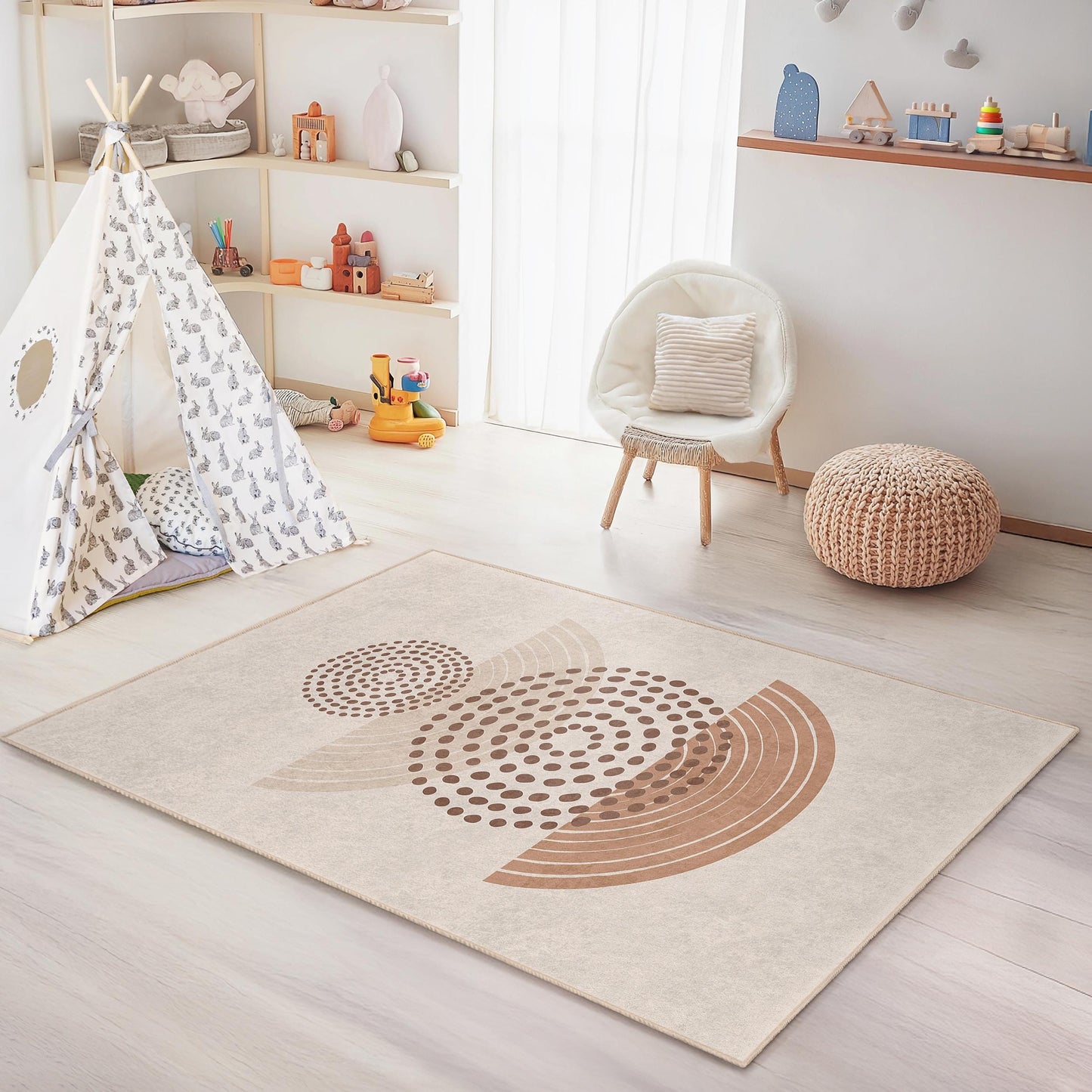 Rechteckiger Teppich mit abstraktem Kreismuster, moderner geometrischer Teppich, weicher Wohnzimmerteppich, stilvolle Wohndekoration, Kinderzimmerteppich