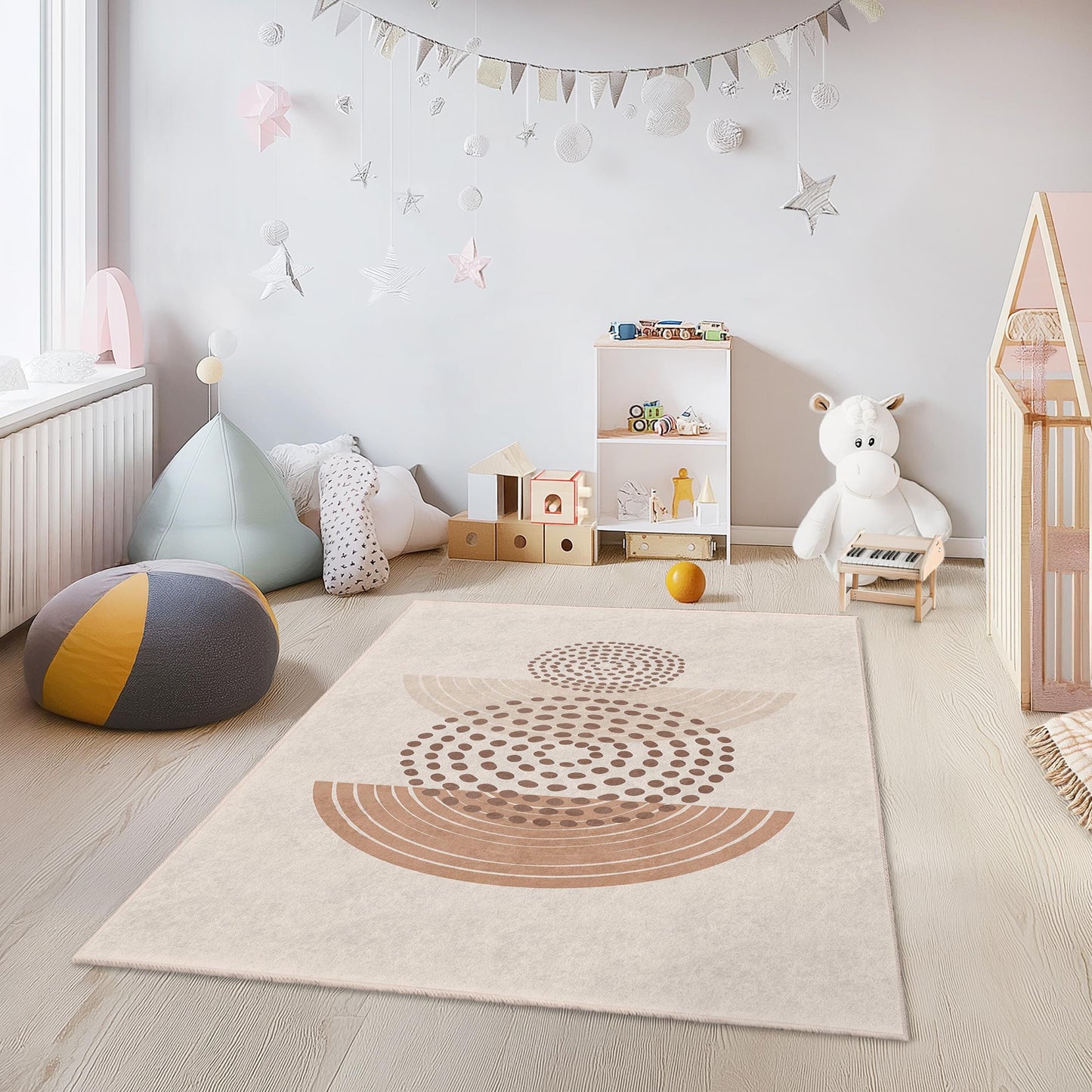 Rechteckiger Teppich mit abstraktem Kreismuster, moderner geometrischer Teppich, weicher Wohnzimmerteppich, stilvolle Wohndekoration, Kinderzimmerteppich