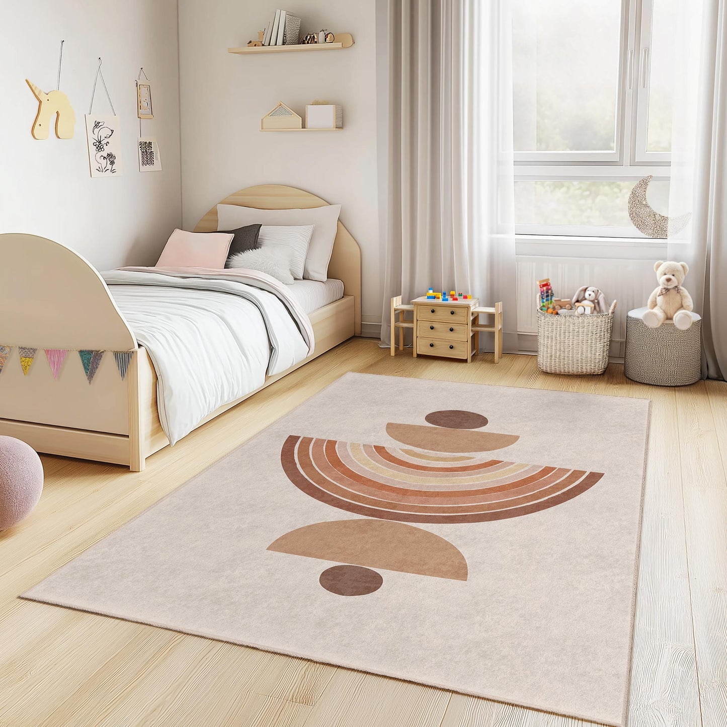 Rechteckiger Kinderteppich mit geometrischem Muster, moderner Boho-Stil, weiche Kinderzimmerdekoration, Spielzimmerteppich