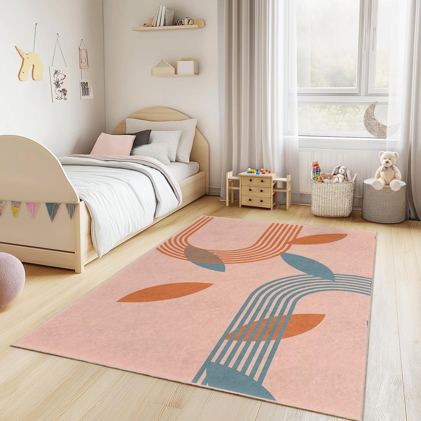 Moderner rechteckiger Teppich mit Blattmuster fürs Kinderzimmer, stilvoller Kinderteppich, Kinderzimmerdeko, Spielzimmer-Basics, weicher Teppich