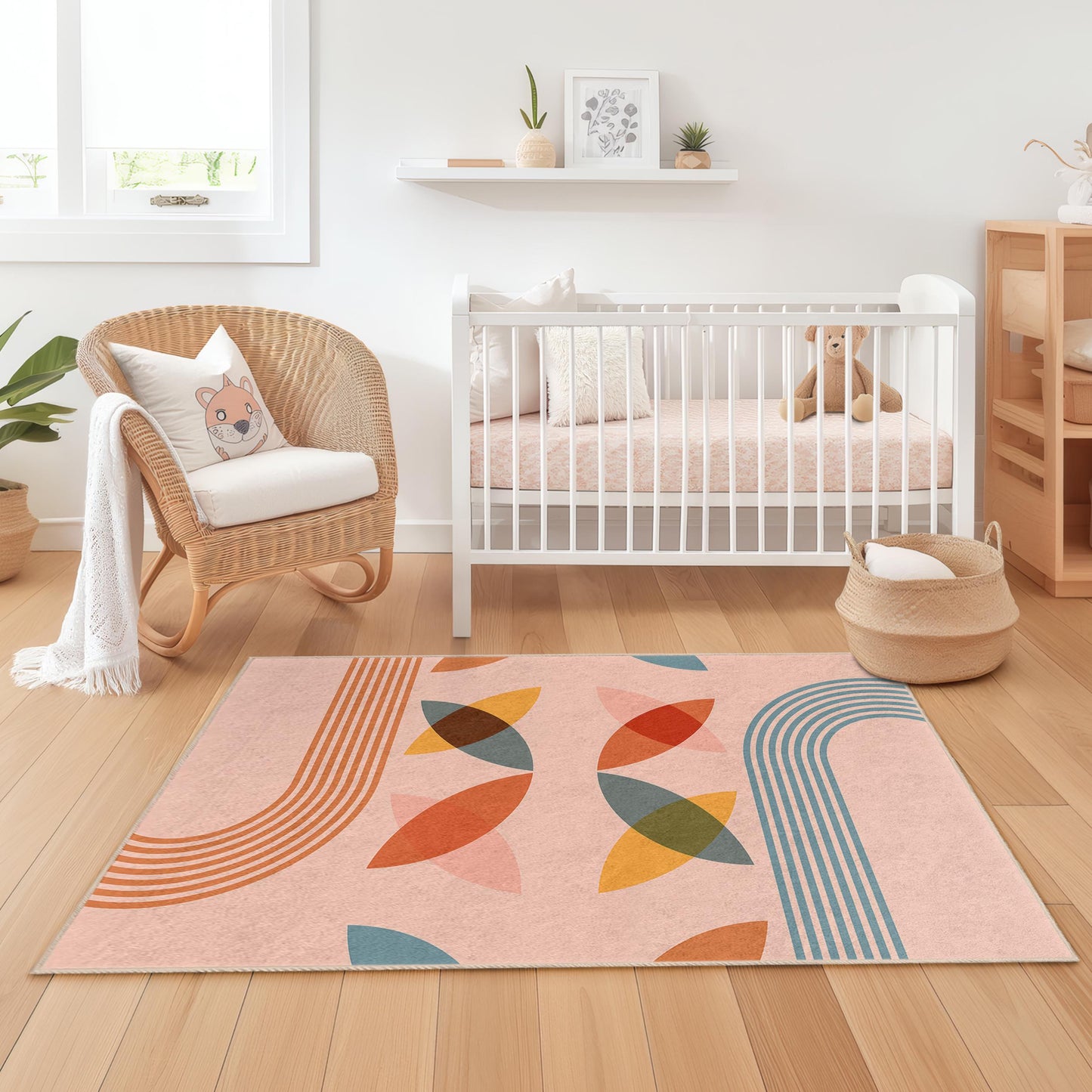 Bunter, geometrischer rechteckiger Kinderteppich, moderner Spielzimmerteppich, Kinderzimmerdekoration, weicher Teppich für das Kinderzimmer, einzigartige Kindermatte