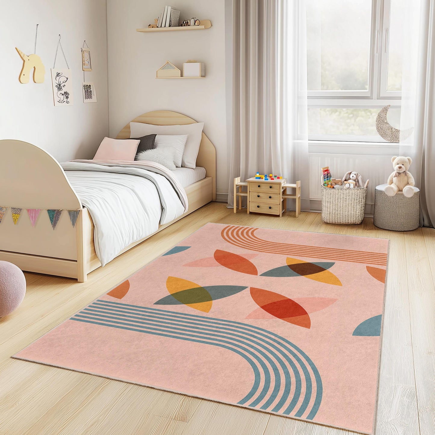 Bunter, geometrischer rechteckiger Kinderteppich, moderner Spielzimmerteppich, Kinderzimmerdekoration, weicher Teppich für das Kinderzimmer, einzigartige Kindermatte