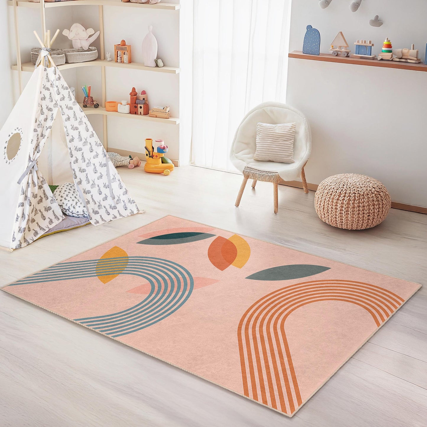 Rechteckiger Kinderteppich mit abstrakten, farbenfrohen Linien und Formen, moderner Spielzimmerteppich, Kinderzimmerdekoration, weicher Kinderzimmerteppich