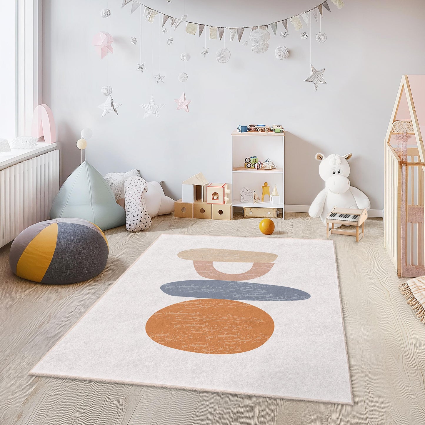 Teppich mit abstrakten, farbenfrohen Formen, moderner Kinderzimmerteppich, rechteckiger Spielzimmerteppich, Kinderzimmerdekoration, weiche und kuschelige Matte