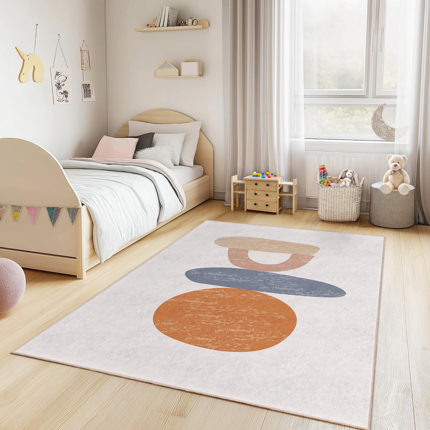 Teppich mit abstrakten, farbenfrohen Formen, moderner Kinderzimmerteppich, rechteckiger Spielzimmerteppich, Kinderzimmerdekoration, weiche und kuschelige Matte