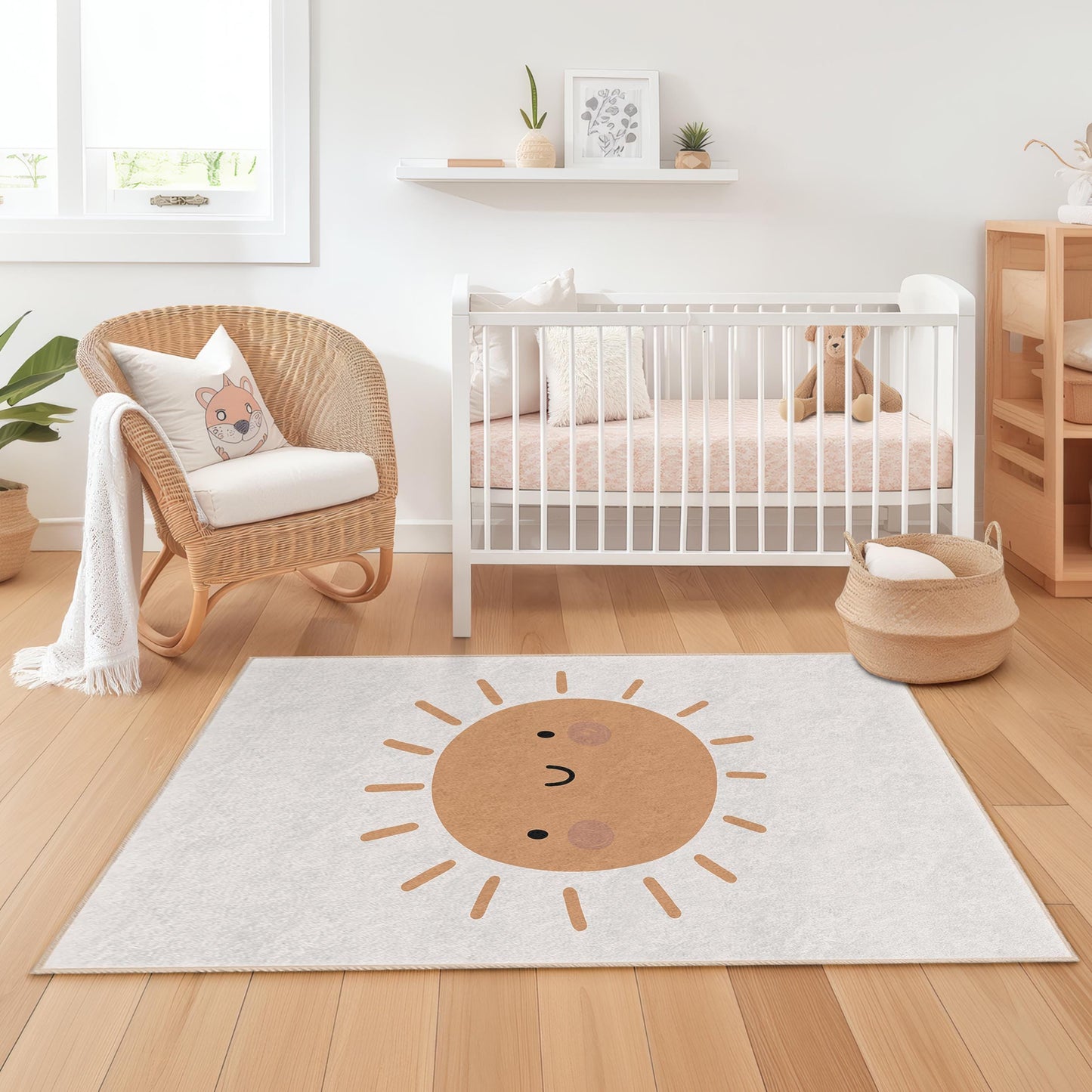 Rechteckiger Kinderteppich mit lachender Sonne, niedlicher Teppich mit Sonnenmotiv, Spielzimmerteppich, Kinderzimmerteppich, Spielmatte mit fröhlicher Sonne