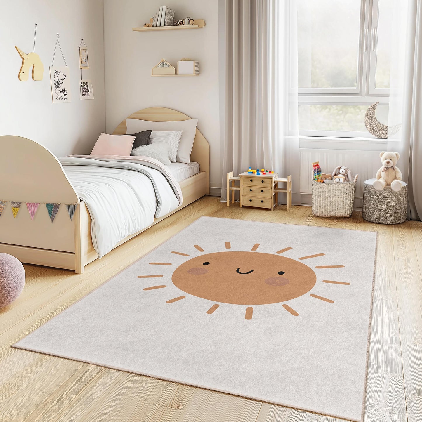 Rechteckiger Kinderteppich mit lachender Sonne, niedlicher Teppich mit Sonnenmotiv, Spielzimmerteppich, Kinderzimmerteppich, Spielmatte mit fröhlicher Sonne
