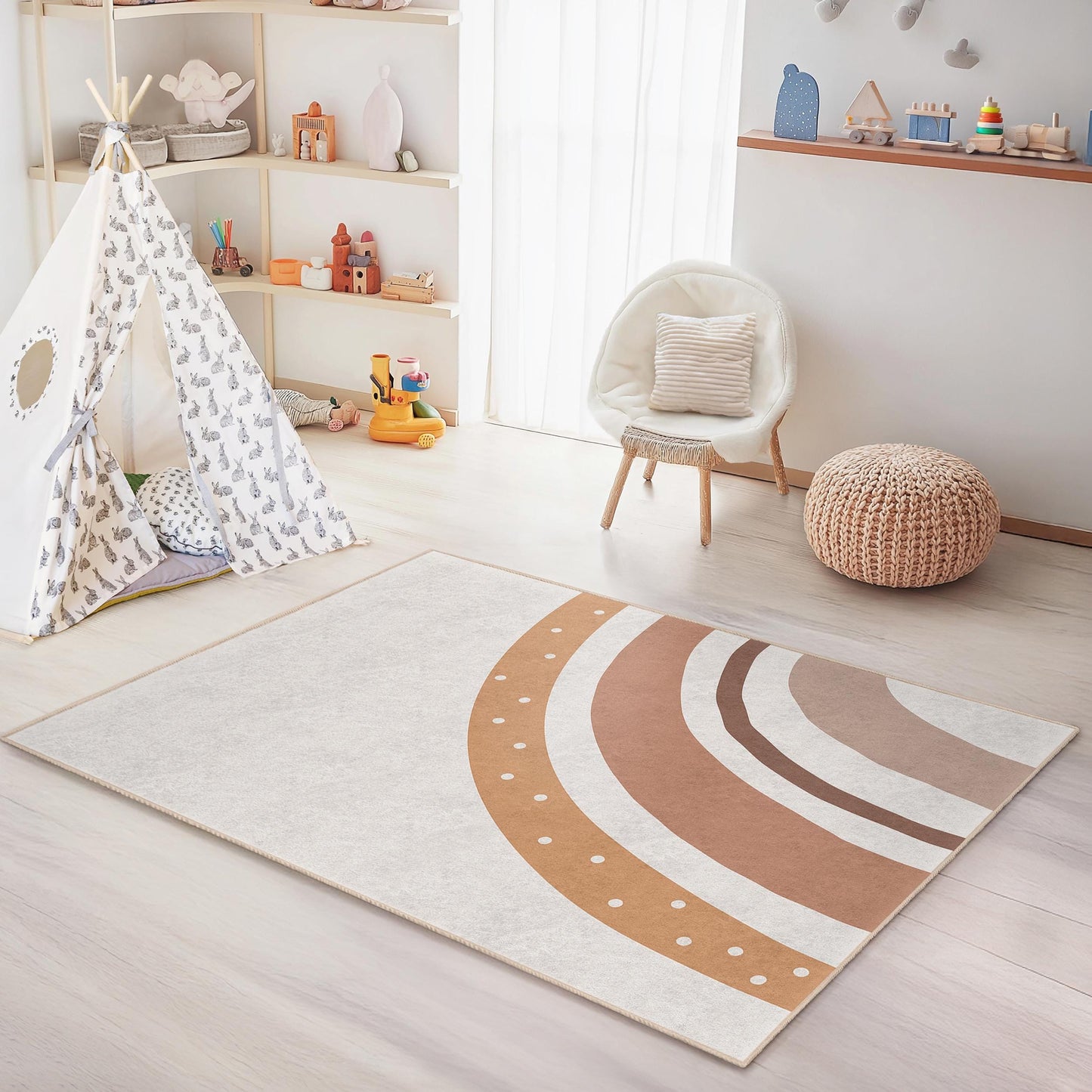 Boho-Regenbogen-Kinderzimmerteppich, rechteckige Spielmatte, weicher Kinderzimmerteppich, Kinderzimmerdeko in Erdtönen, Teppich fürs Kinderzimmer