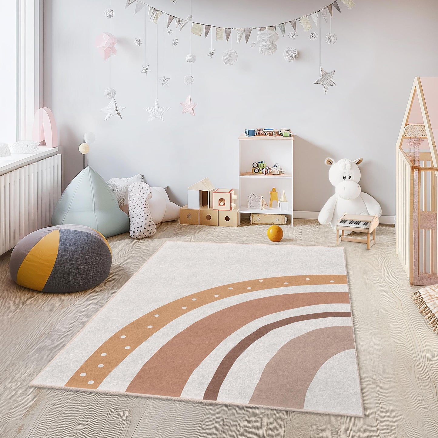 Boho-Regenbogen-Kinderzimmerteppich, rechteckige Spielmatte, weicher Kinderzimmerteppich, Kinderzimmerdeko in Erdtönen, Teppich fürs Kinderzimmer