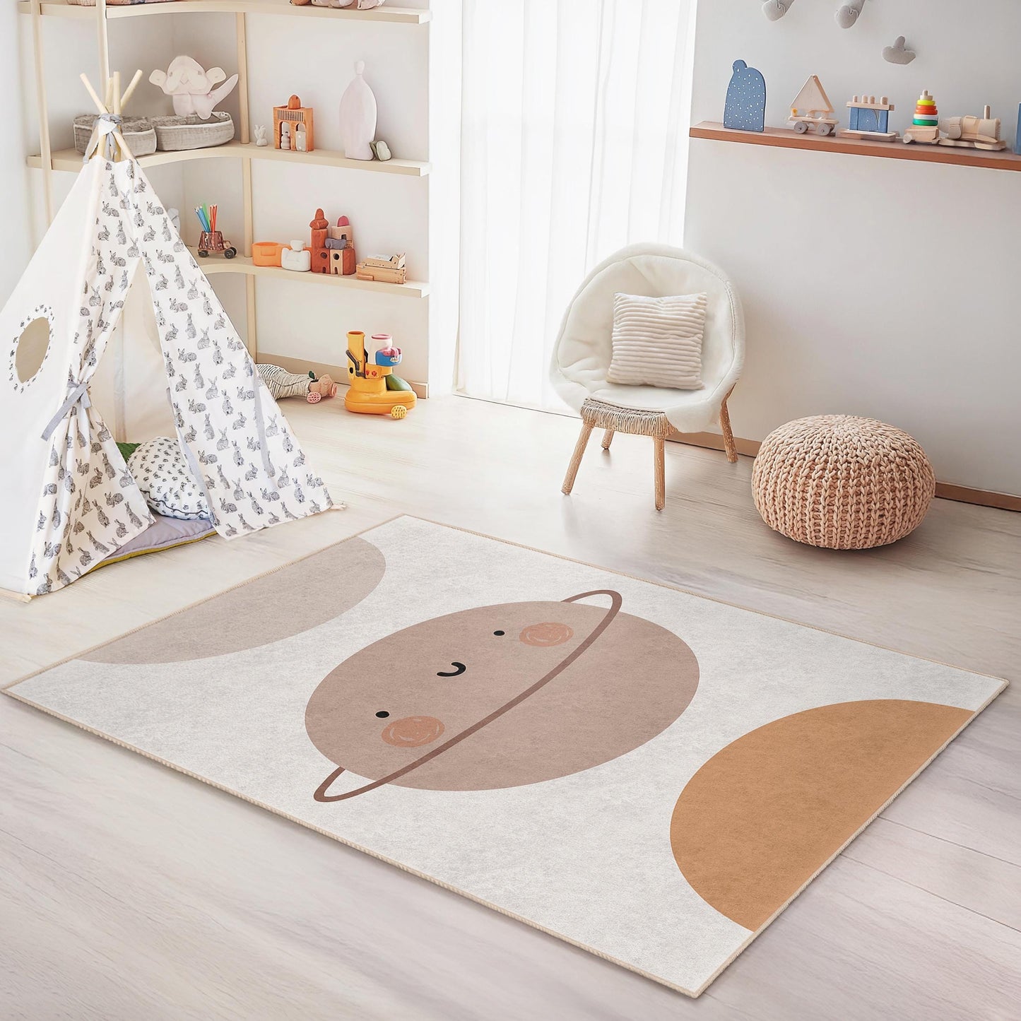 Niedlicher rechteckiger Kinderteppich mit Planetenmotiv, weicher Cartoon-Planetenteppich für Kinderzimmer, Spielzimmer und Kinderzimmer.
