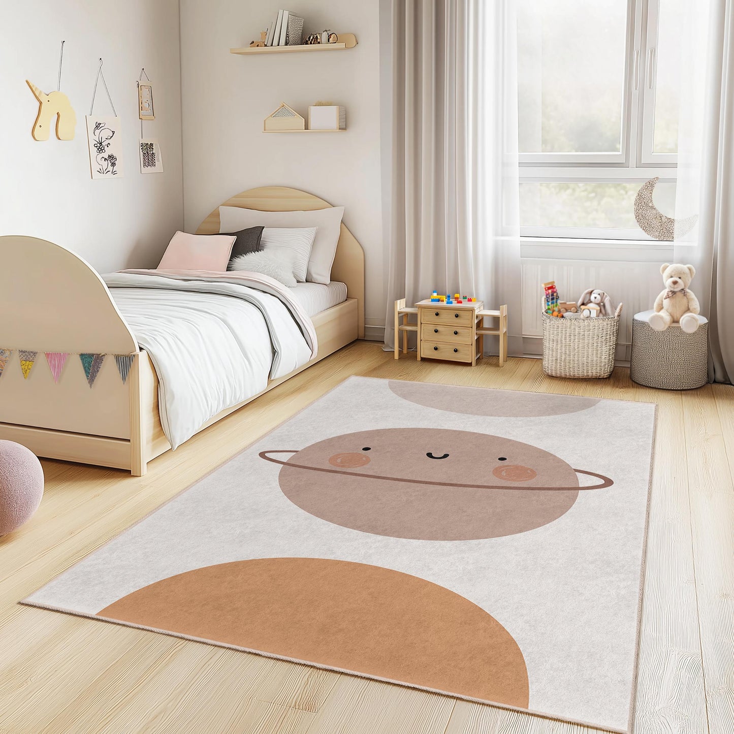 Niedlicher rechteckiger Kinderteppich mit Planetenmotiv, weicher Cartoon-Planetenteppich für Kinderzimmer, Spielzimmer und Kinderzimmer.