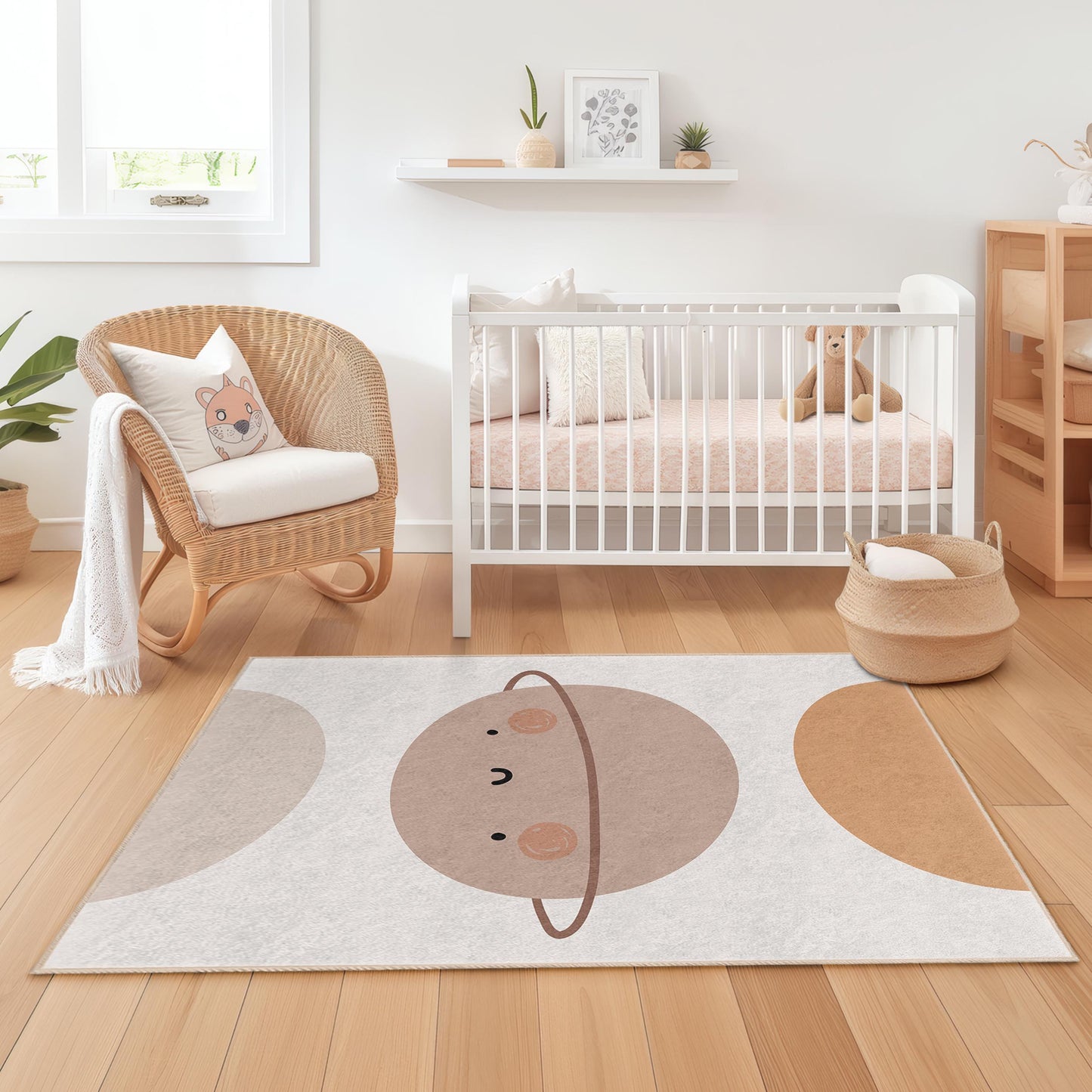 Niedlicher rechteckiger Kinderteppich mit Planetenmotiv, weicher Cartoon-Planetenteppich für Kinderzimmer, Spielzimmer und Kinderzimmer.