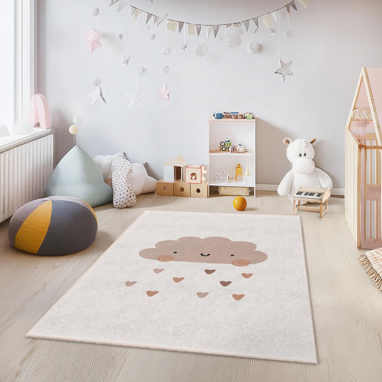 Rechteckiger Kinderteppich mit niedlichem Wolkenmuster, weicher Kinderzimmerteppich, bezaubernde Wolkendekoration für Kinderzimmer, Spielzimmerteppich, gemütliche Schlafzimmermatte