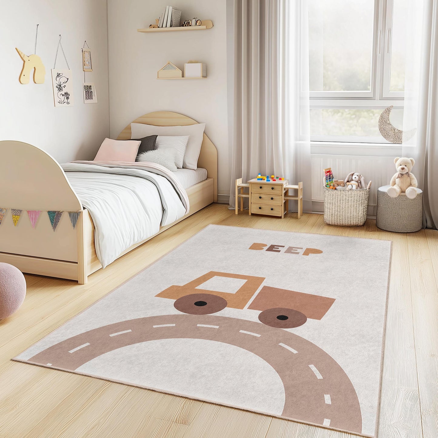 Piepender LKW-Spielteppich für Kinder, niedliche LKW-Spielmatte, rechteckiger Kinderzimmerteppich, lustige Kinderzimmerdekoration, weicher Spielteppich