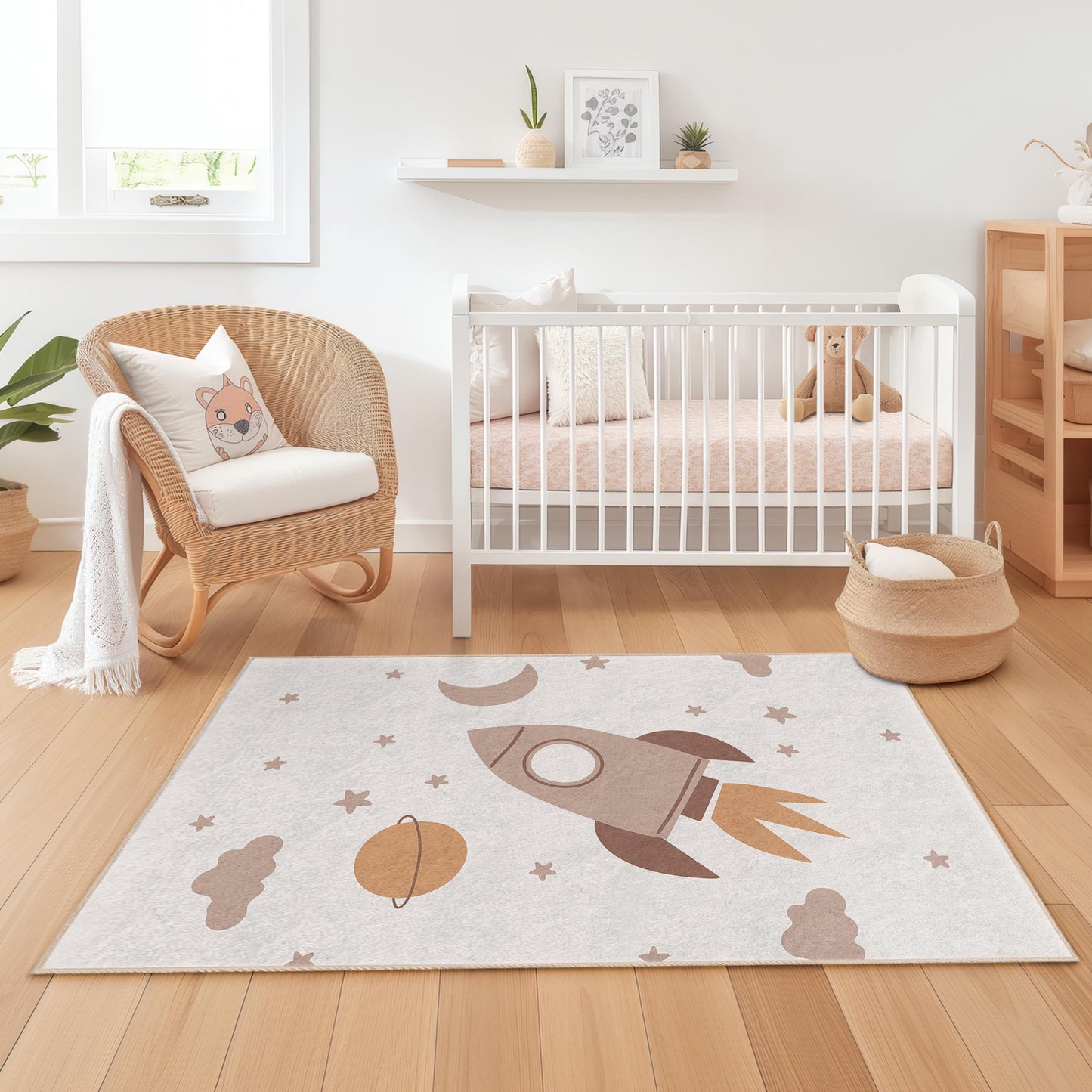 Rechteckiger Kinderteppich mit Raketen- und Sternenmotiv, Weltraum-Spielteppich fürs Kinderzimmer, Spielzimmerdeko, Kuschelteppich für Kinder, Weltraum-Spielmatte