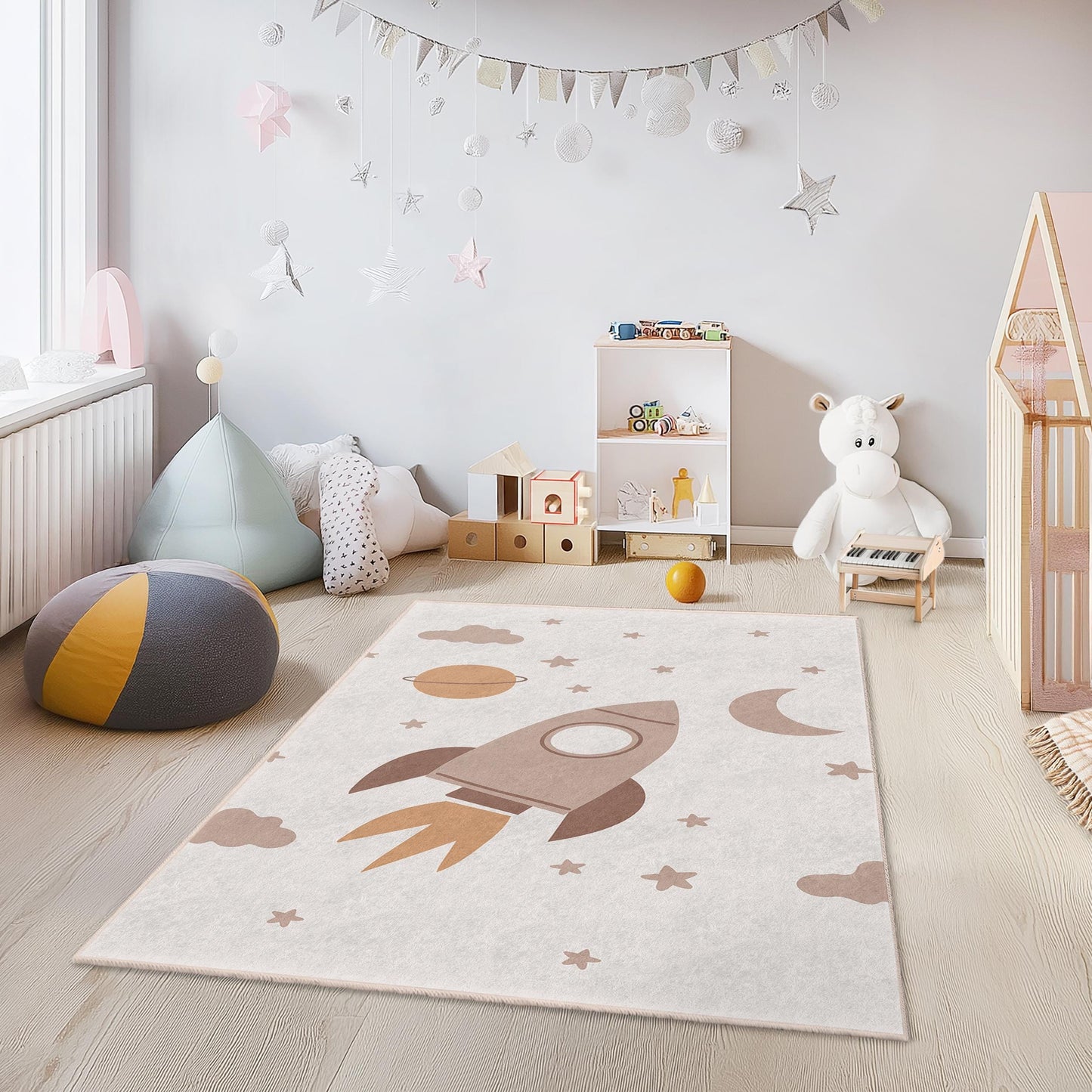 Rechteckiger Kinderteppich mit Raketen- und Sternenmotiv, Weltraum-Spielteppich fürs Kinderzimmer, Spielzimmerdeko, Kuschelteppich für Kinder, Weltraum-Spielmatte