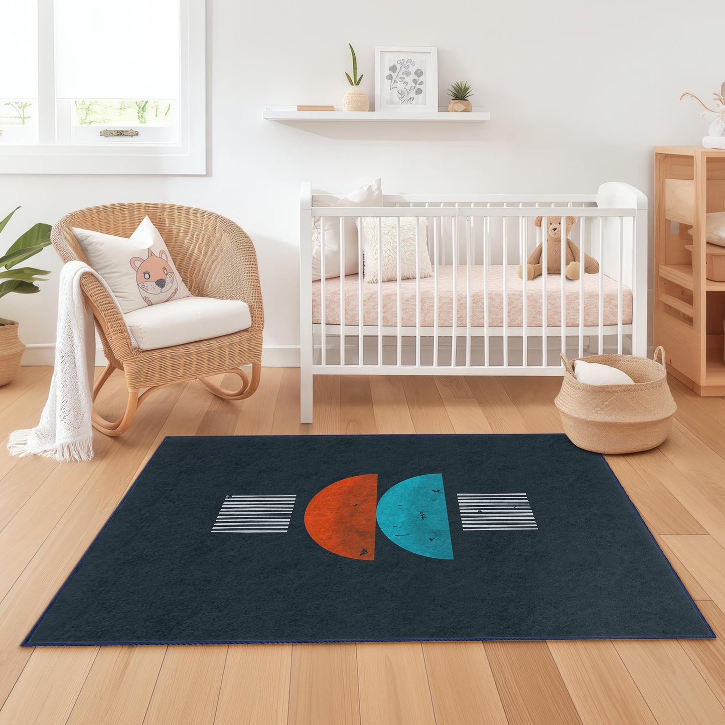 Geometrisch-abstrakter rechteckiger Kinderteppich, farbenfroher Kinderteppich, Spielzimmerdekoration, Kinderzimmerteppich, moderne Kinderzimmermatte