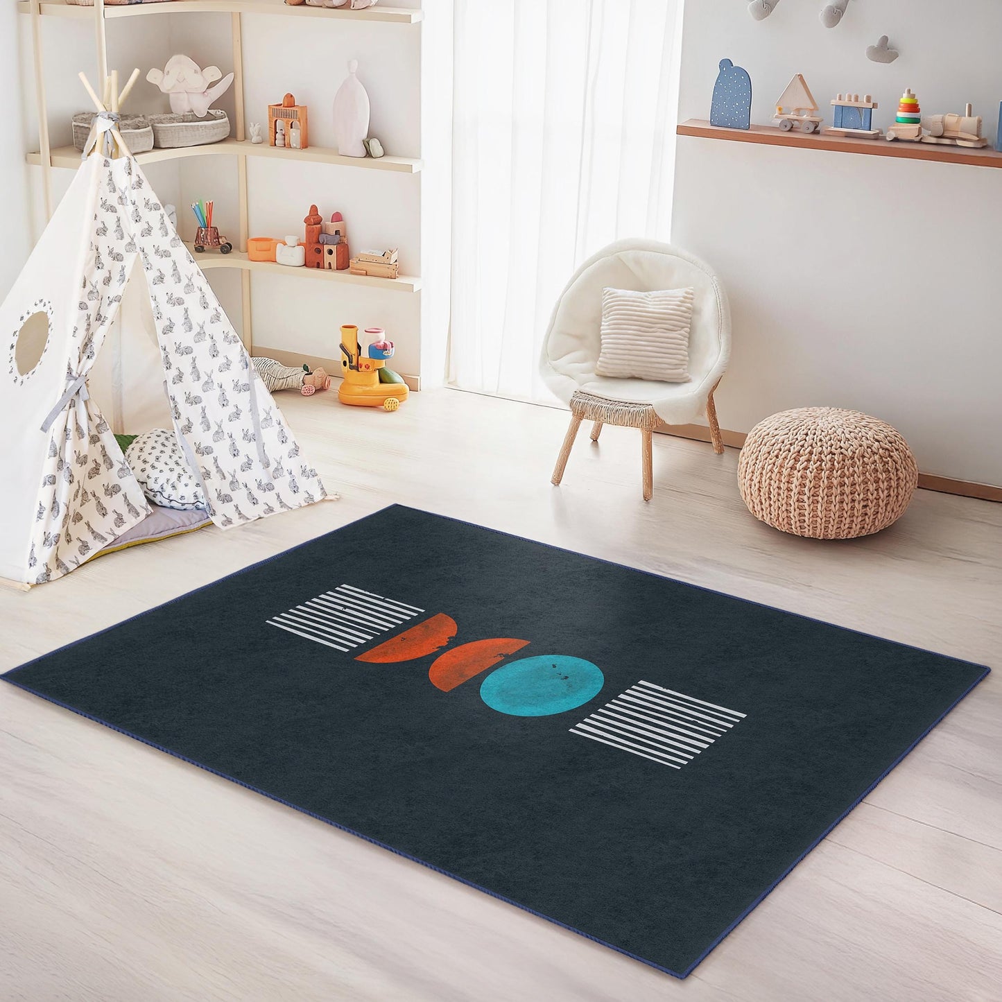 Abstrakter, geometrischer, rechteckiger Kinderteppich, moderner Spielzimmerteppich, farbenfrohe Kinderzimmerdekoration, weicher Kinderzimmerteppich