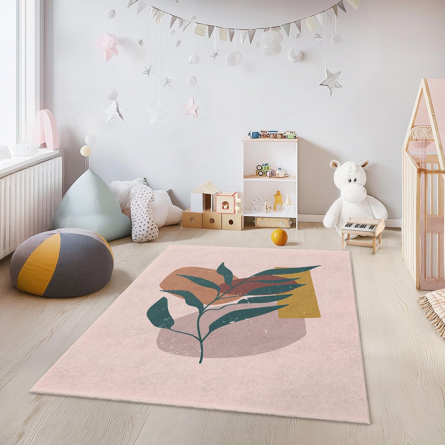 Rechteckiger Teppich mit abstraktem Blattmuster, moderner Teppich mit Pflanzenmotiv, dekorative Fußmatte für Kinderzimmer, Babyzimmer und Wohnzimmer