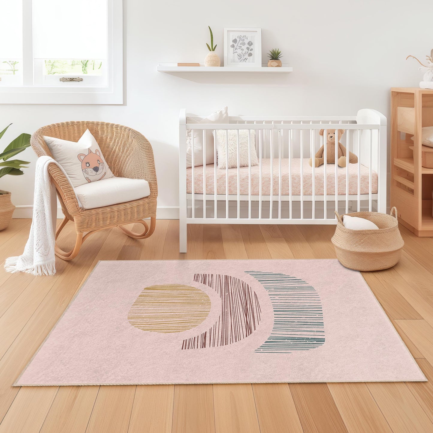 Rechteckiger Kinderteppich mit abstraktem geometrischem Muster, moderner Spielzimmerteppich, stilvolle Kinderzimmerdekoration, weicher Teppich für Kinder