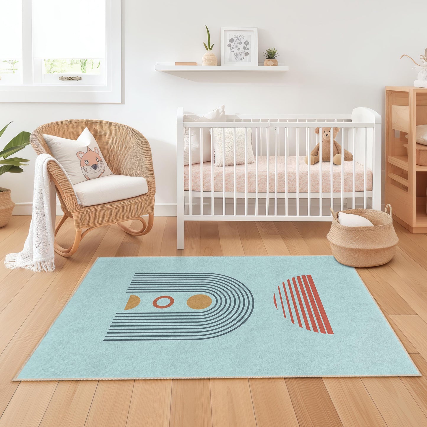 Rechteckiger Kinderteppich mit geometrischem Muster, moderner Spielzimmerteppich, stilvoller Teppich fürs Kinderzimmer, Kinderzimmerdekoration