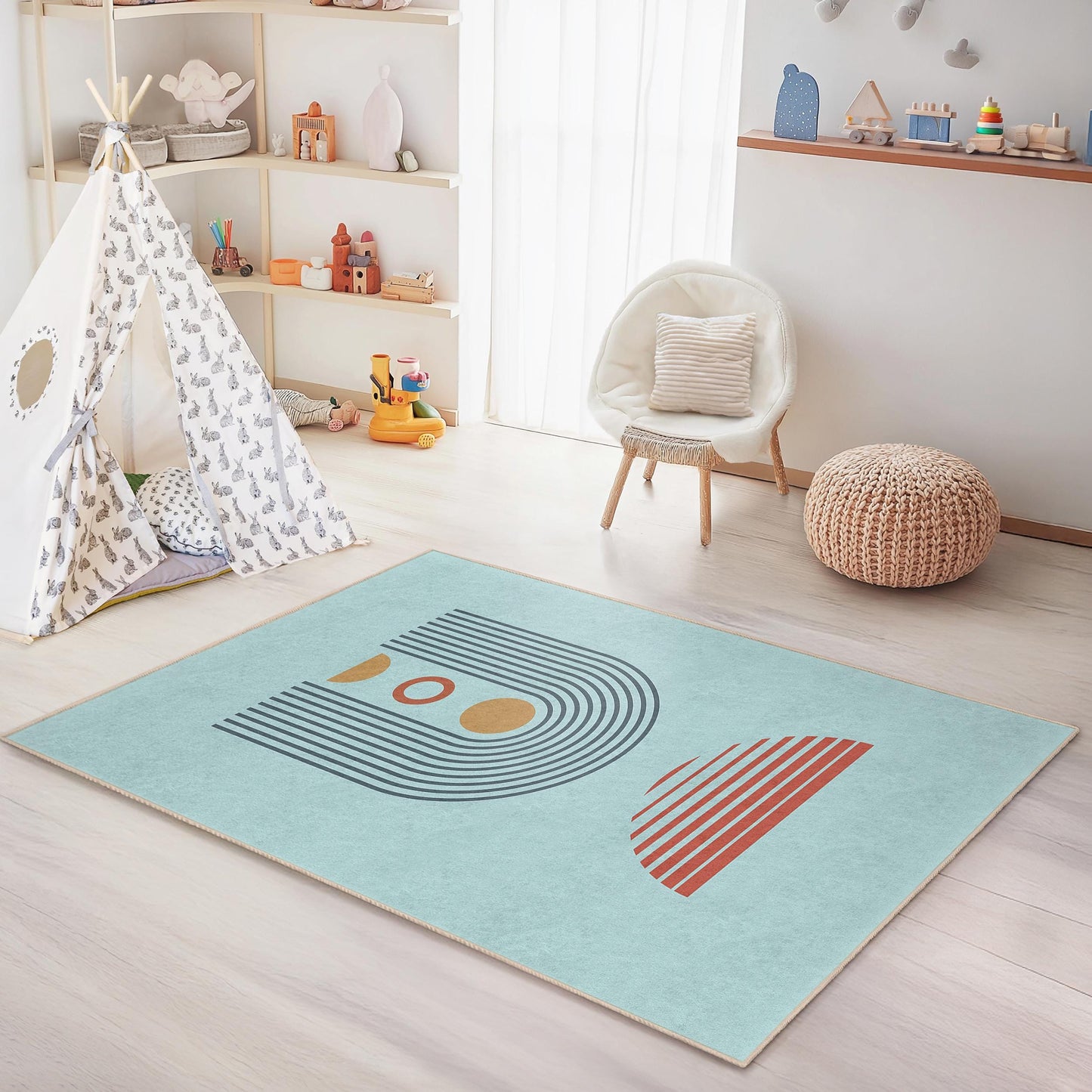 Rechteckiger Kinderteppich mit geometrischem Muster, moderner Spielzimmerteppich, stilvoller Teppich fürs Kinderzimmer, Kinderzimmerdekoration