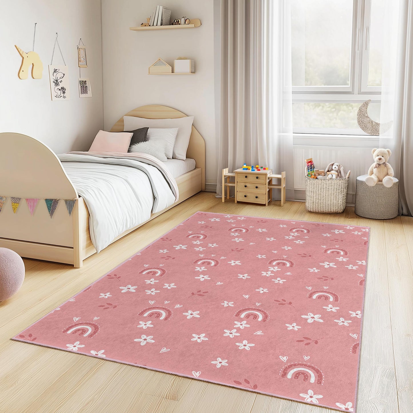 Rechteckiger Kinderteppich mit Regenbogen- und Blumenmuster, weicher Spielzimmerteppich, Kinderzimmerdekoration, niedlicher Regenbogenteppich fürs Kinderzimmer