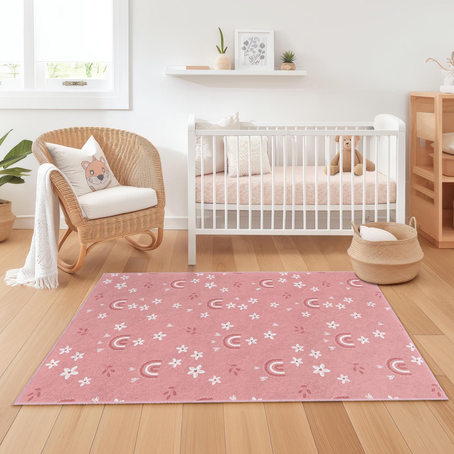 Rechteckiger Kinderteppich mit Regenbogen- und Blumenmuster, weicher Spielzimmerteppich, Kinderzimmerdekoration, niedlicher Regenbogenteppich fürs Kinderzimmer