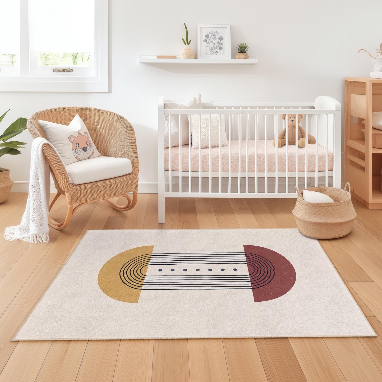 Abstrakter geometrischer rechteckiger Kinderteppich, moderner Kunstteppich, stilvolle Kinderzimmerdekoration, Spielzimmerteppich, Babyzimmerteppich