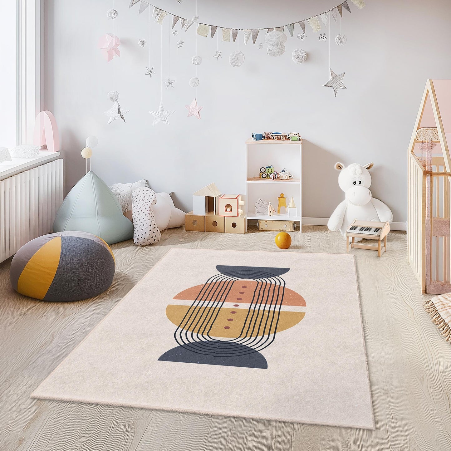 Rechteckiger Kinderteppich mit geometrischen Linien, moderner abstrakter Kinderzimmerteppich, stilvoller Kinderzimmerteppich, Spielzimmerdekoration für Kinder