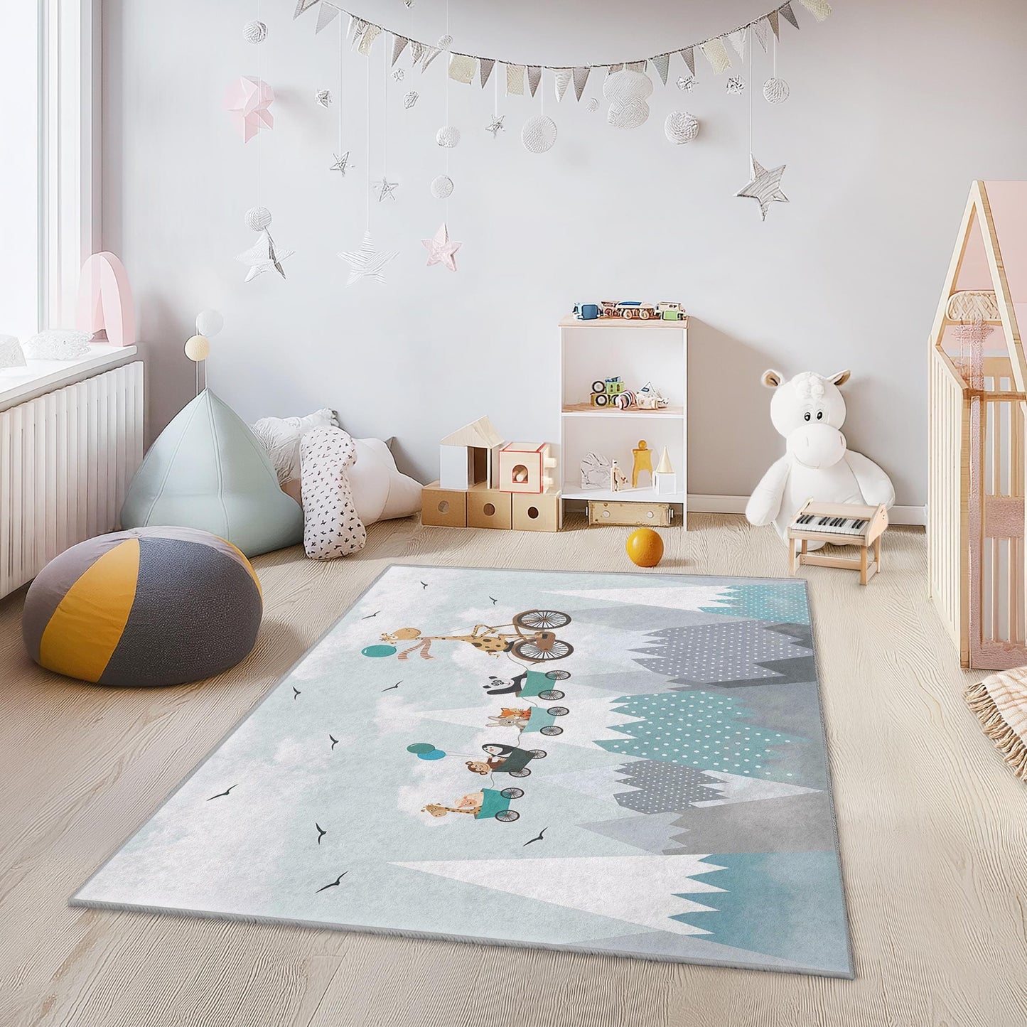 Kinderteppich „Tierparade“, rechteckiger Spielzimmerteppich, Teppich mit niedlichem Tiermotiv, weiche Kinderzimmerdekoration, Spielmatte für Kleinkinderzimmer