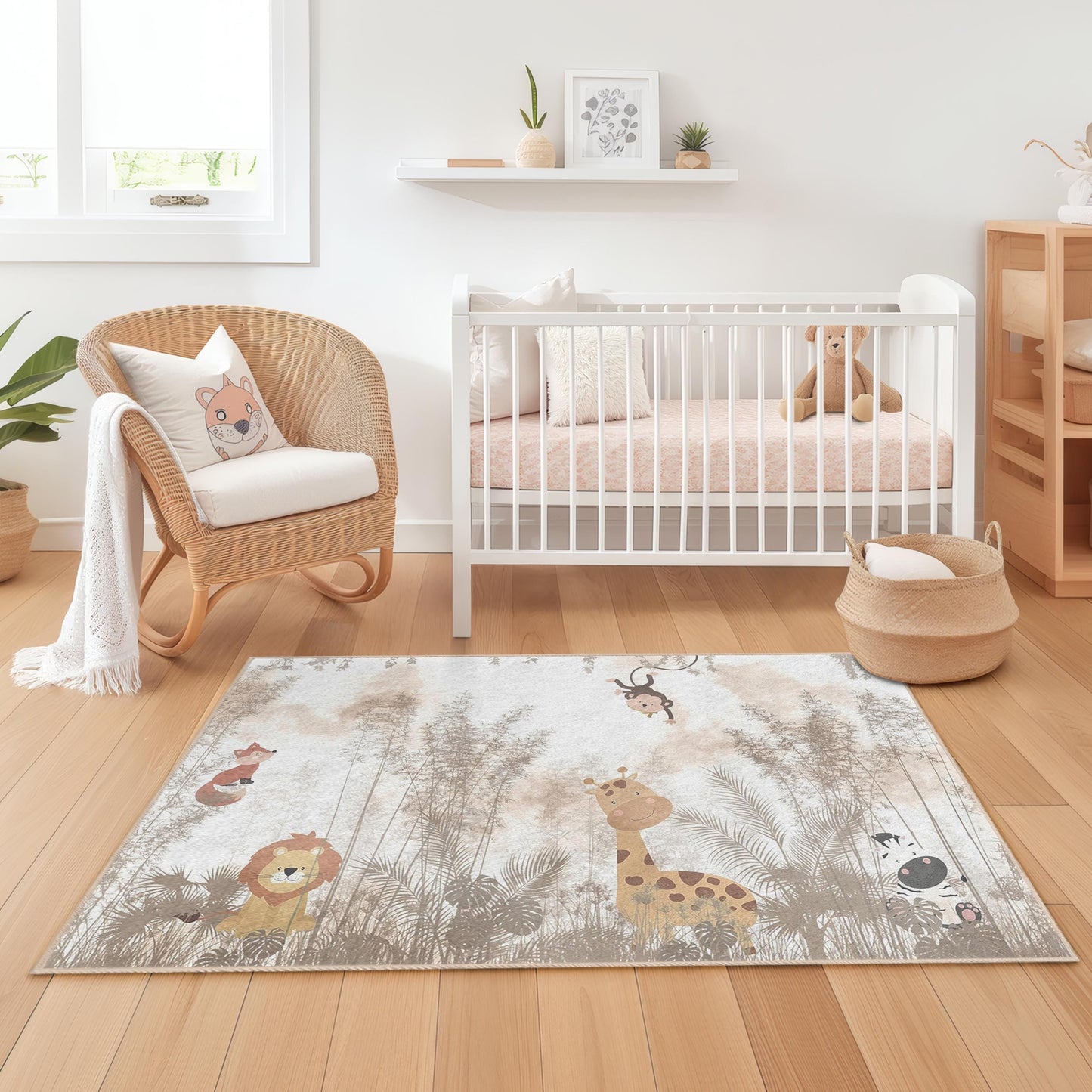 Dschungelabenteuer-Kinderteppich, rechteckiger Teppich mit Tiermotiven, Safari-Teppich, Kinderzimmerdeko, weicher Spielzimmerteppich, Kinderzimmeraccessoires
