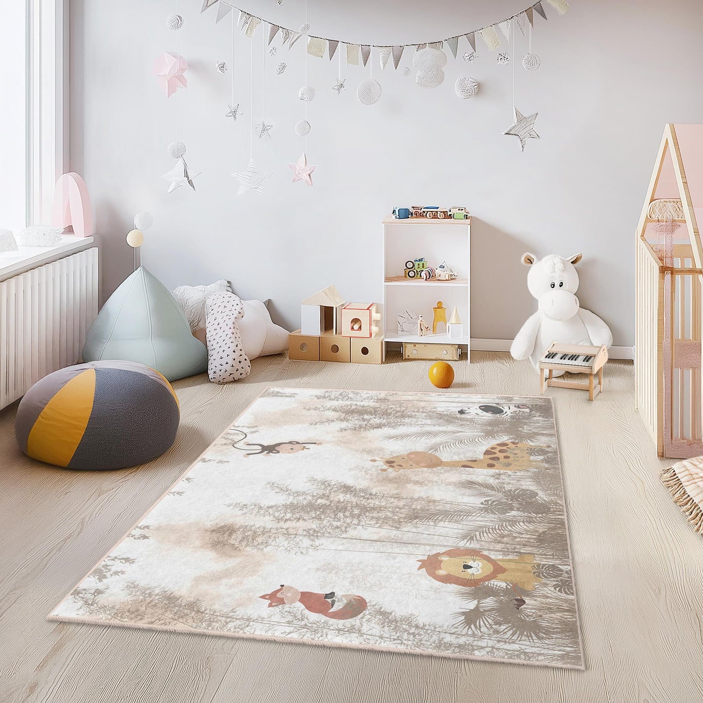 Dschungelabenteuer-Kinderteppich, rechteckiger Teppich mit Tiermotiven, Safari-Teppich, Kinderzimmerdeko, weicher Spielzimmerteppich, Kinderzimmeraccessoires