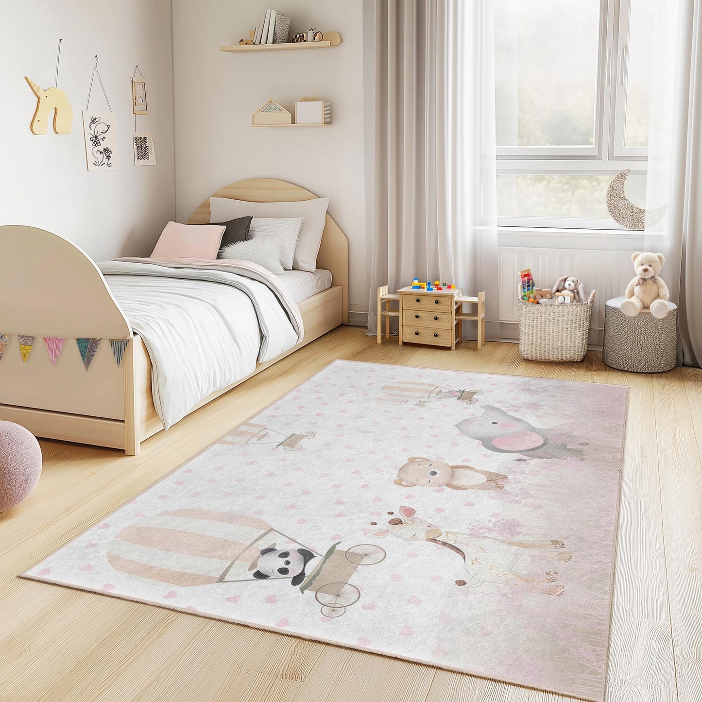 Niedlicher rechteckiger Kinderteppich mit Tierballonmotiv, bezaubernder Kinderzimmerteppich, Babyzimmerdekoration, weiche Spielmatte für Kinder, Kinderzimmerteppich