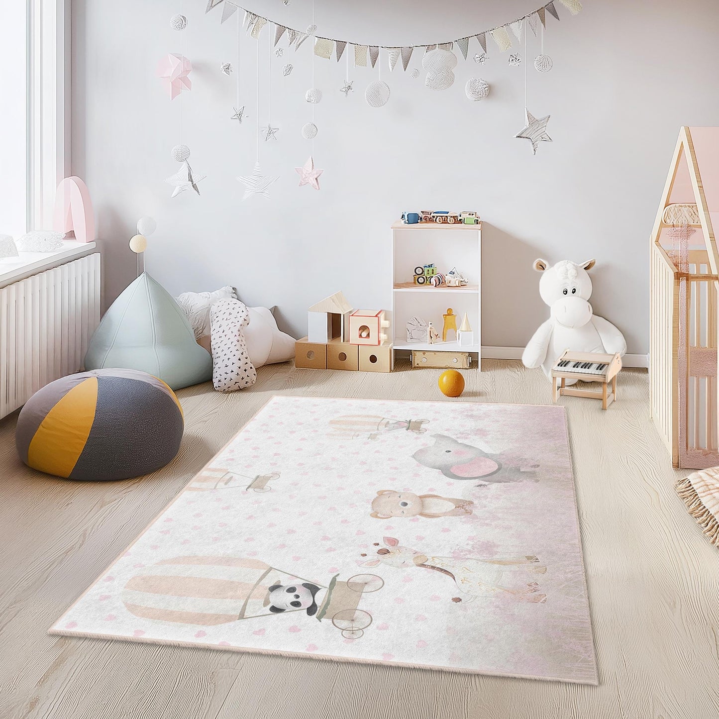 Niedlicher rechteckiger Kinderteppich mit Tierballonmotiv, bezaubernder Kinderzimmerteppich, Babyzimmerdekoration, weiche Spielmatte für Kinder, Kinderzimmerteppich