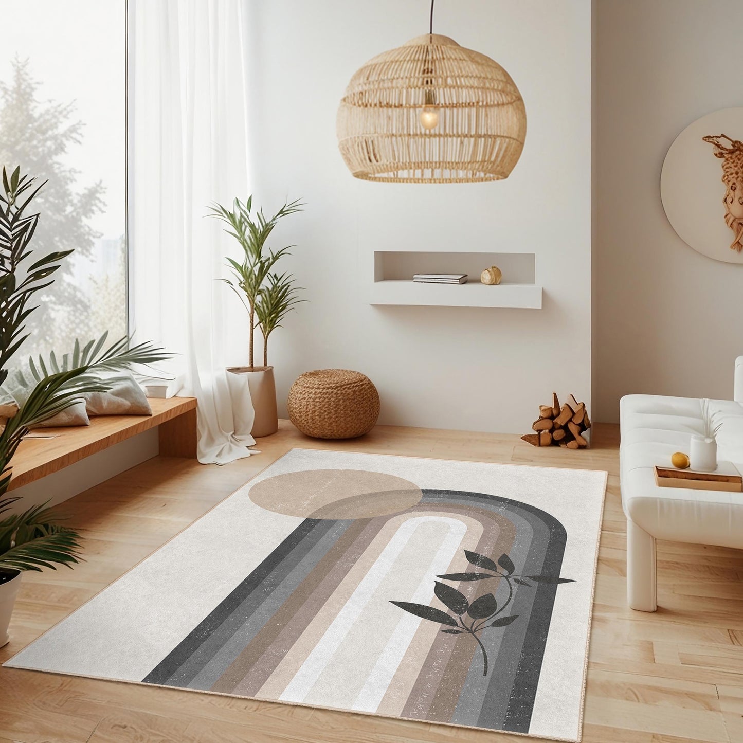 Eleganter rechteckiger Boho-Teppich, moderner abstrakter Teppich, Teppich mit Blättermuster, Wohnzimmerdeko, Wohnaccessoire