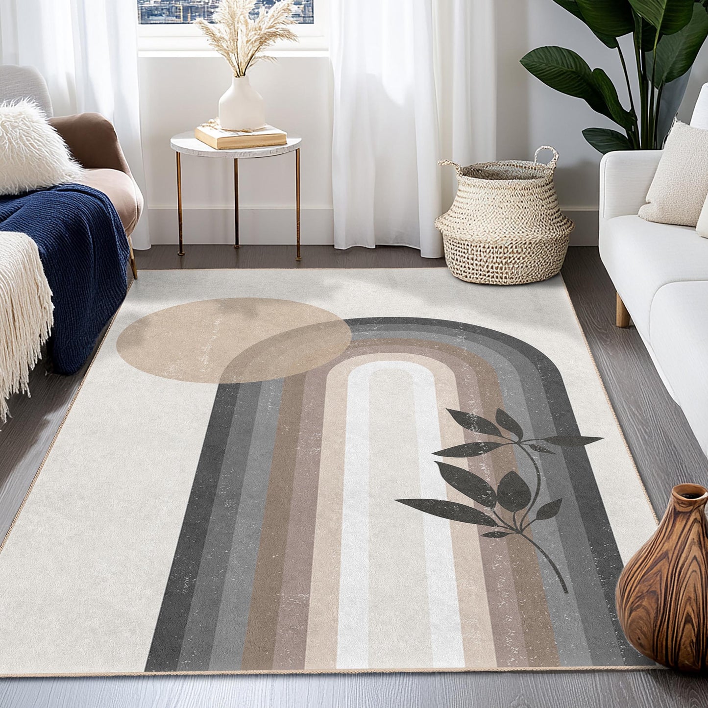 Eleganter rechteckiger Boho-Teppich, moderner abstrakter Teppich, Teppich mit Blättermuster, Wohnzimmerdeko, Wohnaccessoire