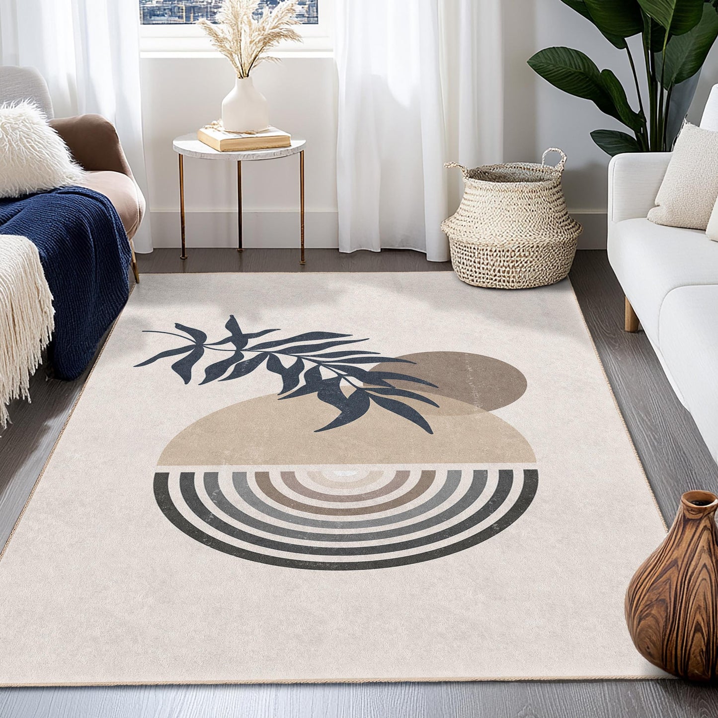 Geometric Leaf Design Rectangular Area Rug, Modern Abstract Carpet, Living Room Decor, Bohemian Style Rug, Artistic Floor Mat