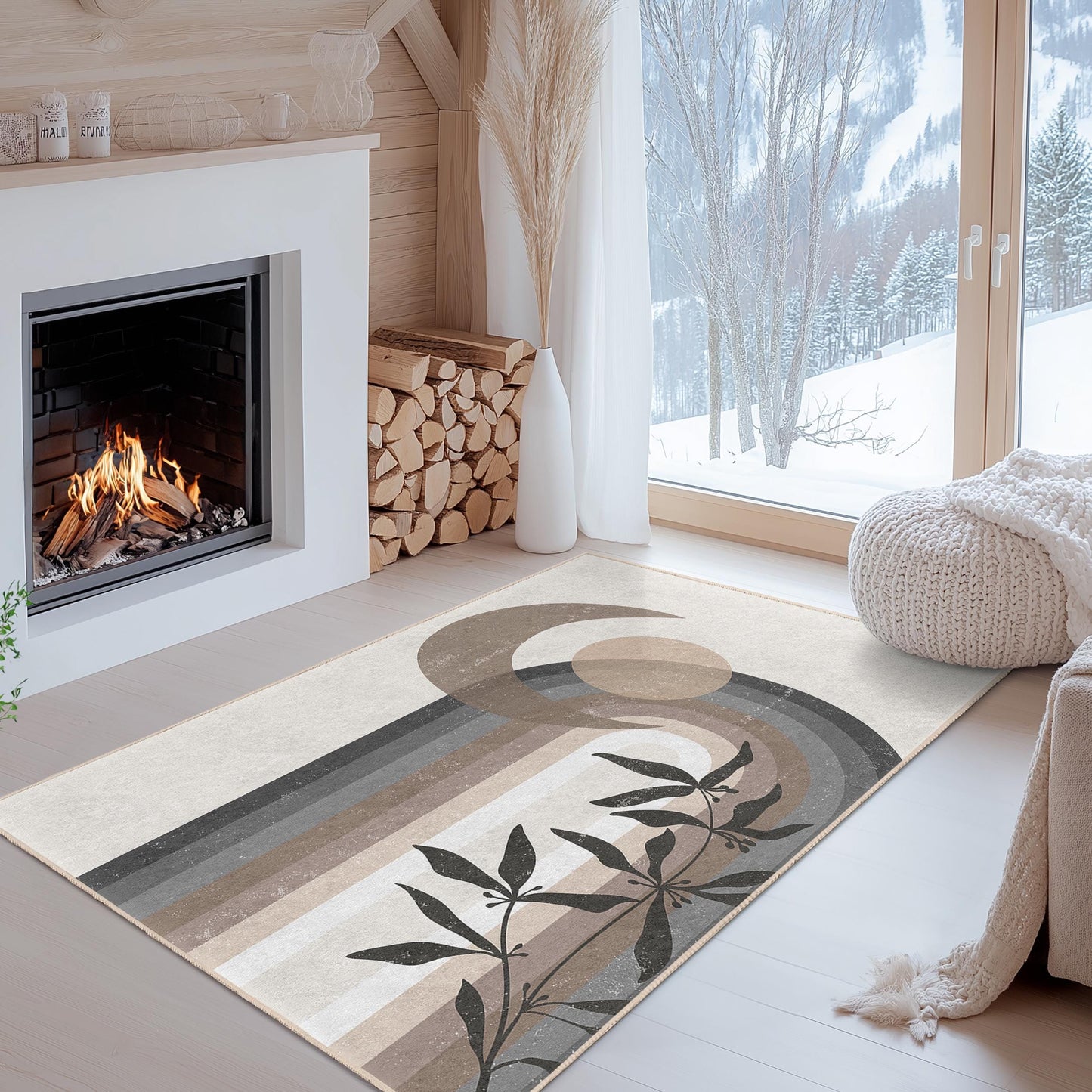 Rechteckiger Teppich mit abstraktem Mond- und Blumenmuster, moderner geometrischer Teppich, dekorativer Teppich für den Innenbereich, Wohnzimmerdekoration, stilvolles Wohnaccessoire