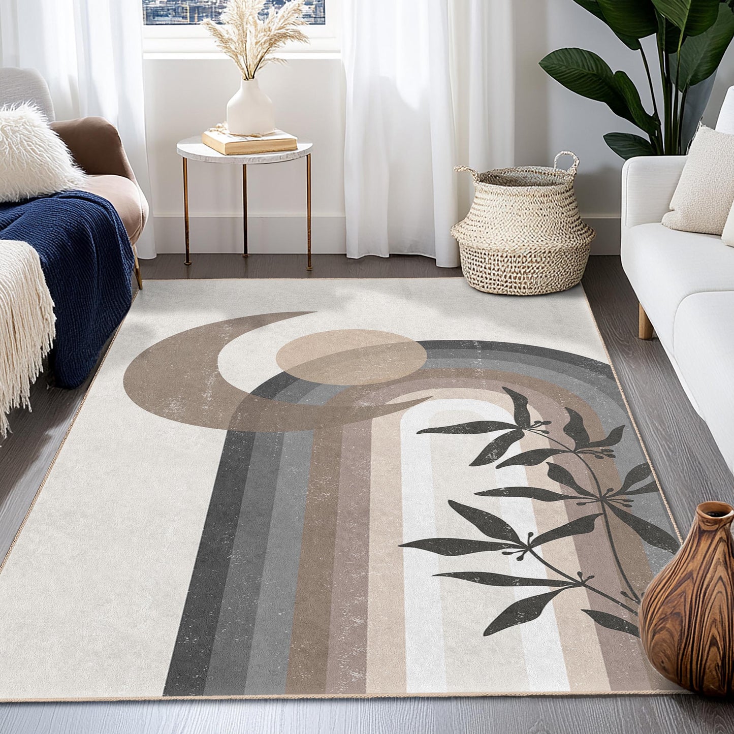Rechteckiger Teppich mit abstraktem Mond- und Blumenmuster, moderner geometrischer Teppich, dekorativer Teppich für den Innenbereich, Wohnzimmerdekoration, stilvolles Wohnaccessoire