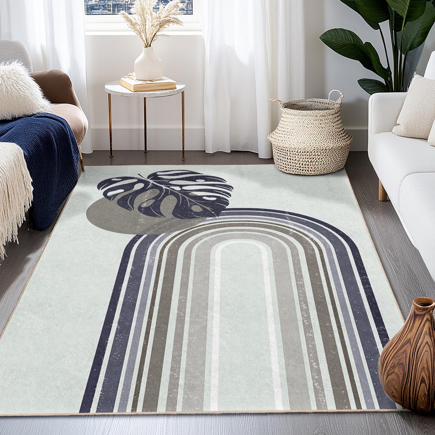 Rechteckiger Teppich mit abstraktem Blattmuster, moderner Boho-Teppich, geometrisches Muster, Wohnzimmerdekoration, stilvolle Fußmatte