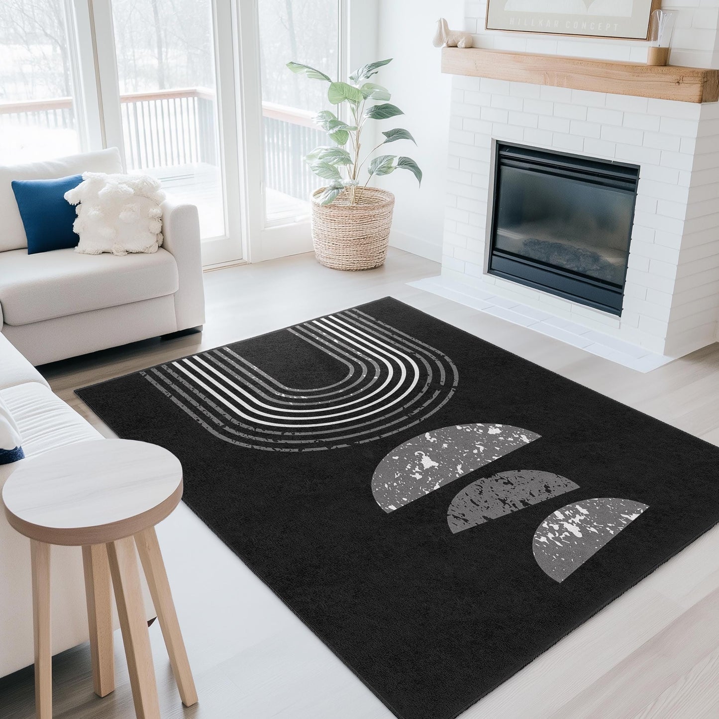 Moderner geometrischer rechteckiger Teppich, stilvoller schwarz-weißer Teppich, zeitgenössische Wohndekoration, Wohnzimmerteppich, abstrakter Designteppich